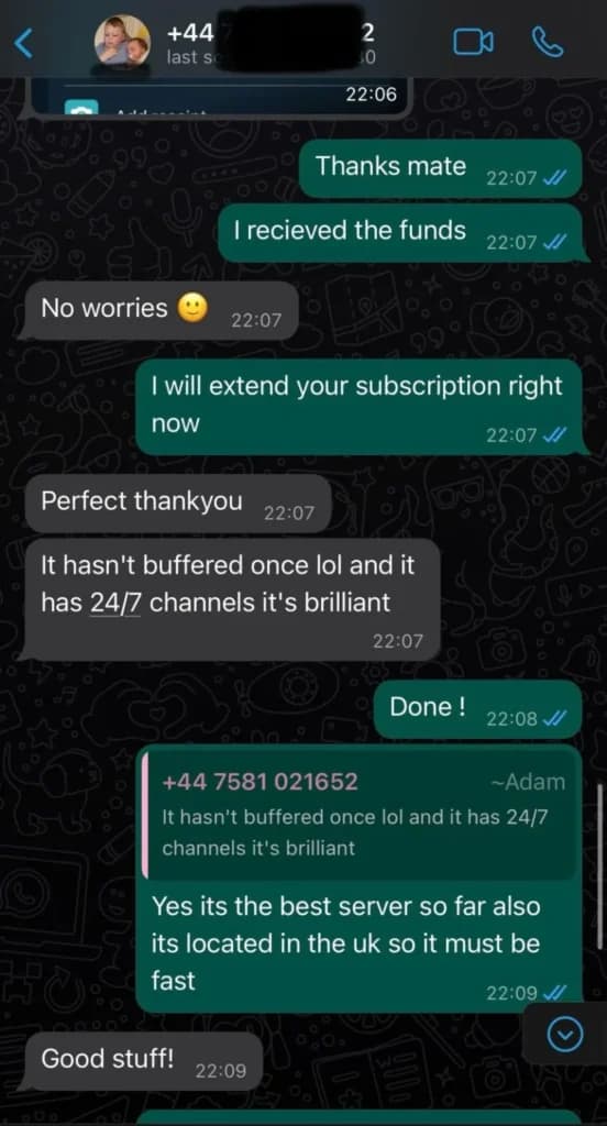 Real WhatsApp conversation between a Sonix IPTV customer and support about subscription renewal