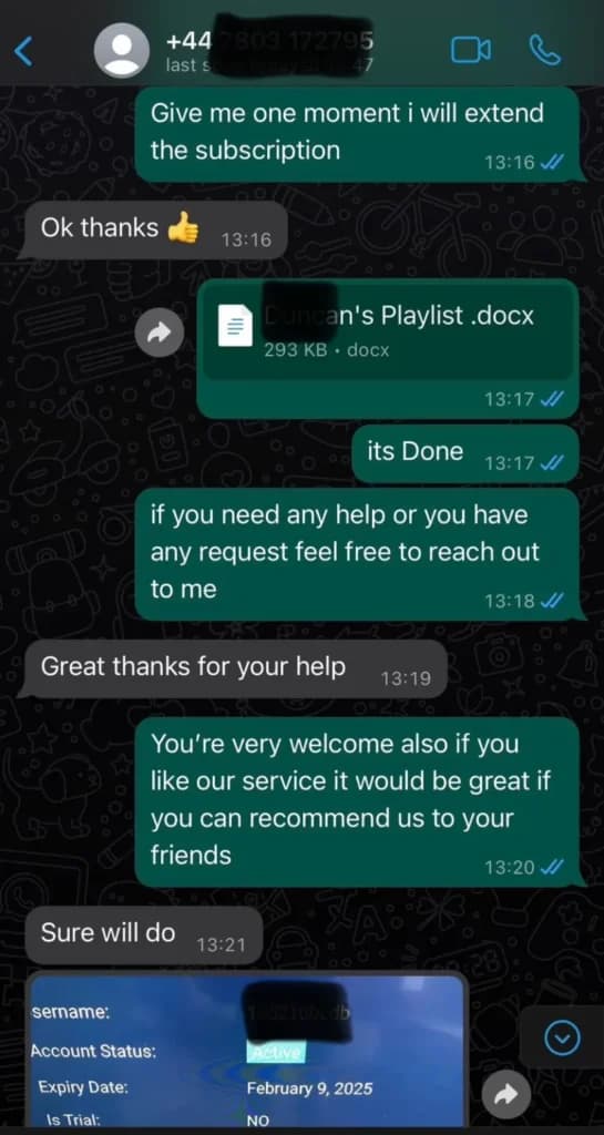 Real WhatsApp conversation between a Sonix IPTV customer and support about a playlist reactivation