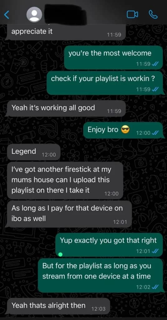 Real WhatsApp conversation between a Sonix IPTV customer and support about using a second device