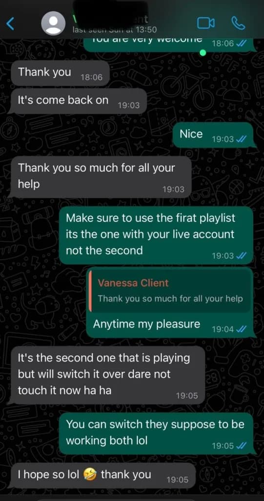 Real WhatsApp conversation between a Sonix IPTV customer and support confirming a playlist is working