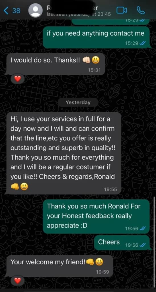 Real WhatsApp conversation between a Sonix IPTV customer and support with positive feedback on service quality