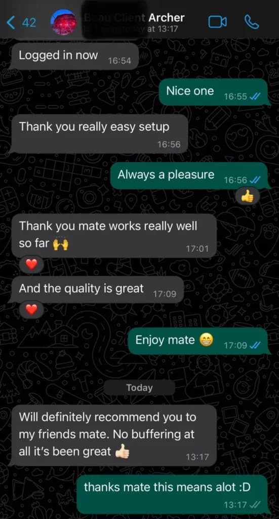Real WhatsApp conversation between a Sonix IPTV customer and support after a smooth setup